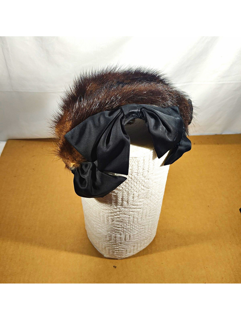 Women’s Black Mink Fur & Satin Bow Headband Fascinator Formal One Size